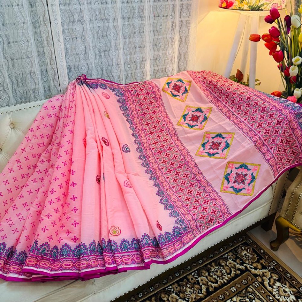 Rangta Hand Stitch Semi Muslin Saree (Baby Pink)