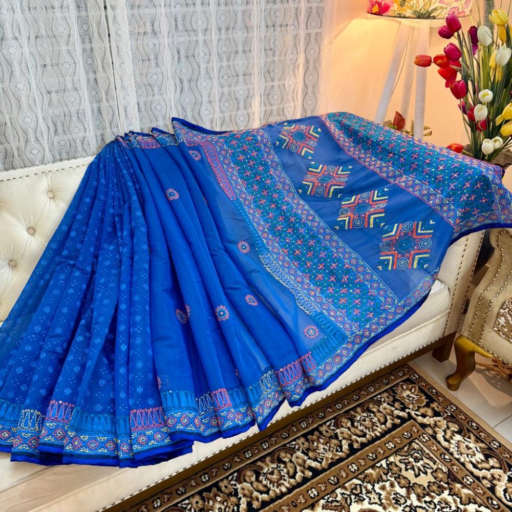 Rangta Hand Stitch Semi Muslin Saree (Cobalt Blue)