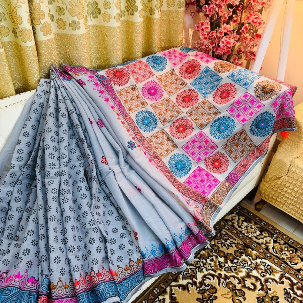 Rangta Hand Stitch Semi Muslin Saree (Grey)