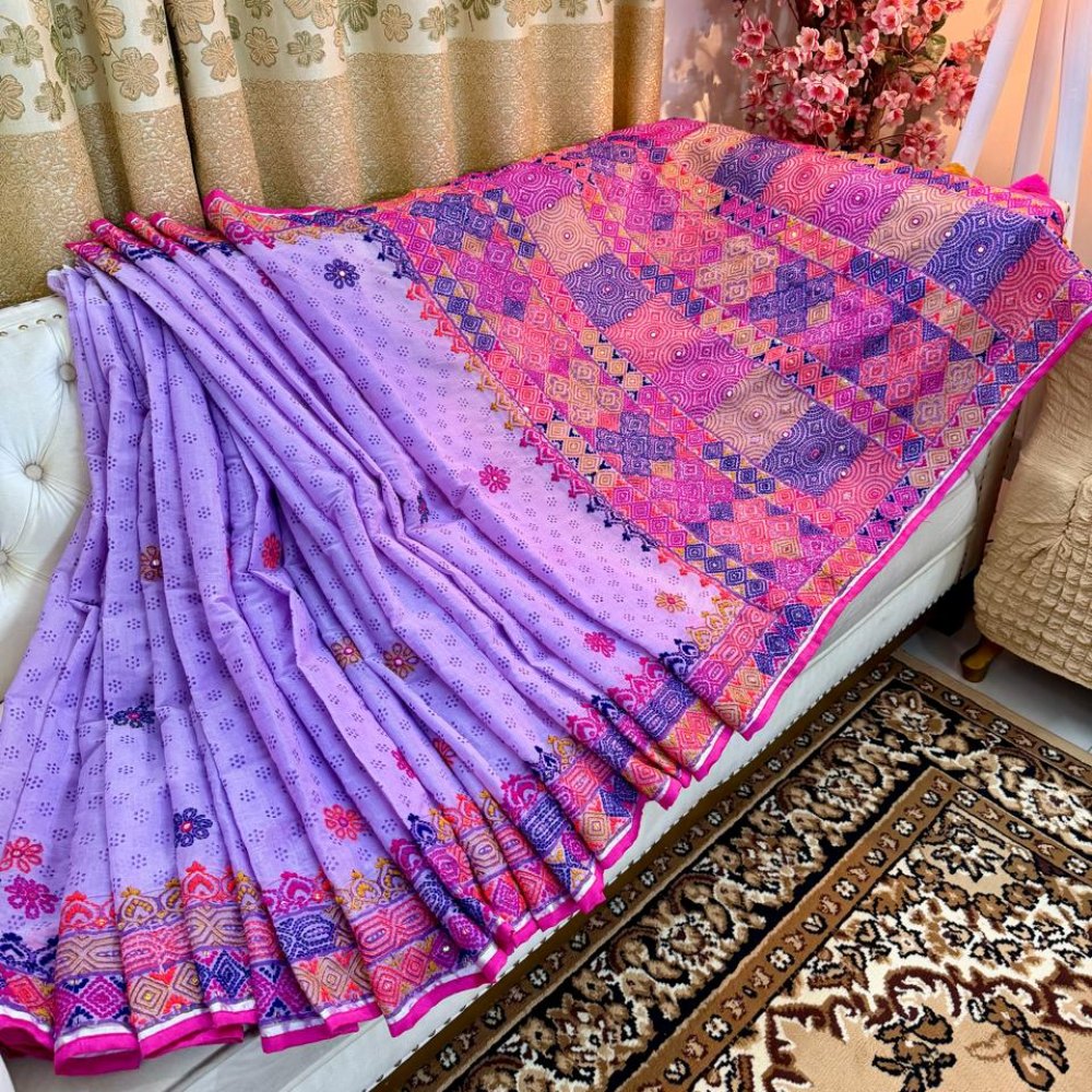 Rangta Hand Stitch Semi Muslin Saree (Lavender)