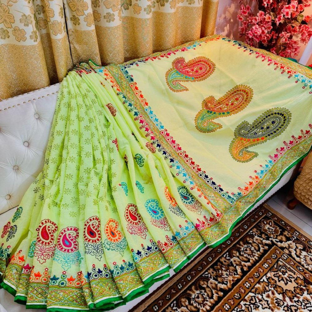 Rangta Hand Stitch Semi Muslin Saree (Lime Green)