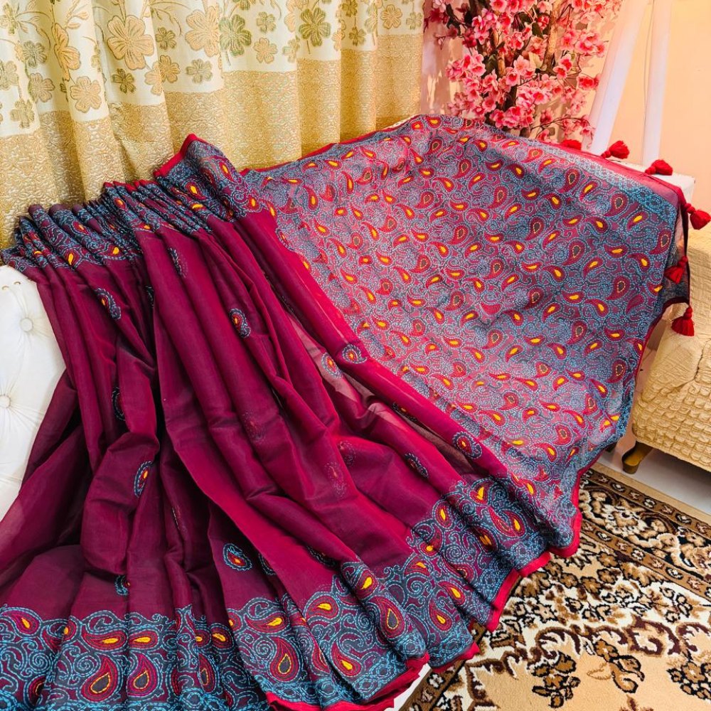 Rangta Hand Stitch Semi Muslin Saree (Maroon)