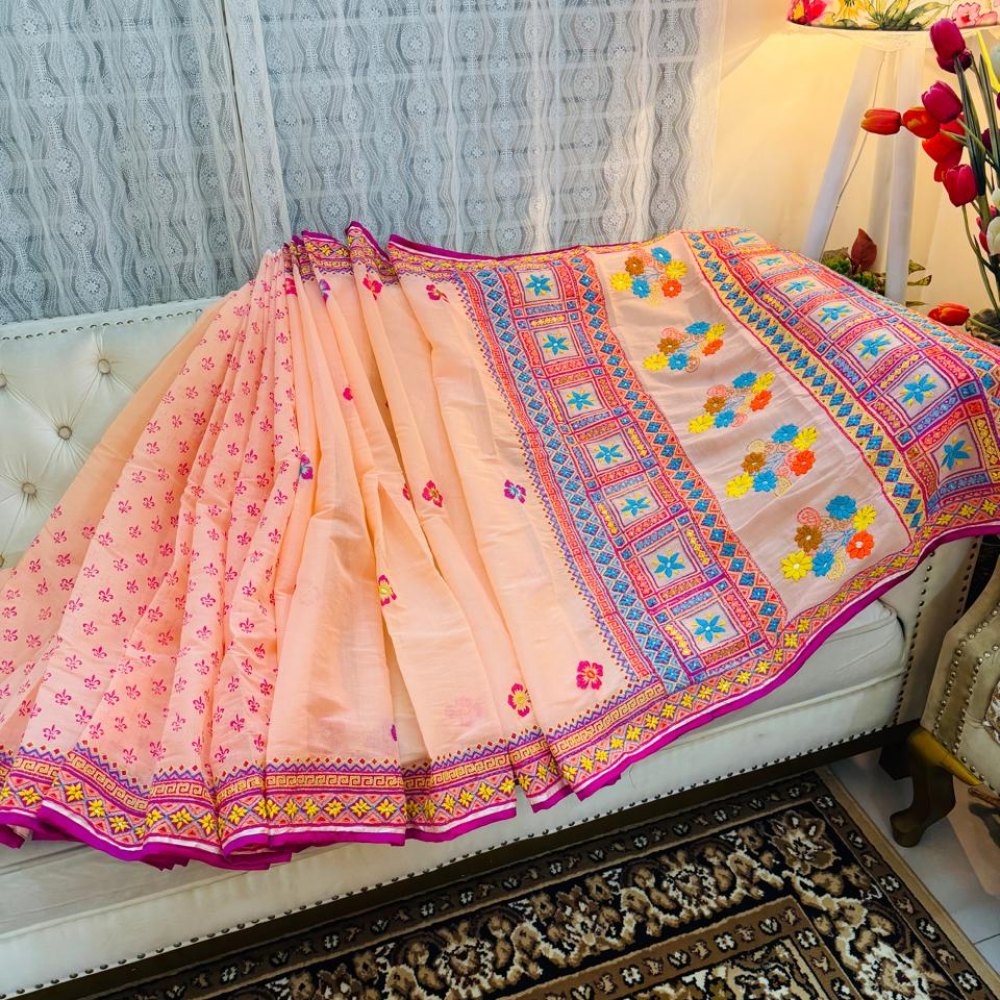 Rangta Hand Stitch Semi Muslin Saree (Light Peach)