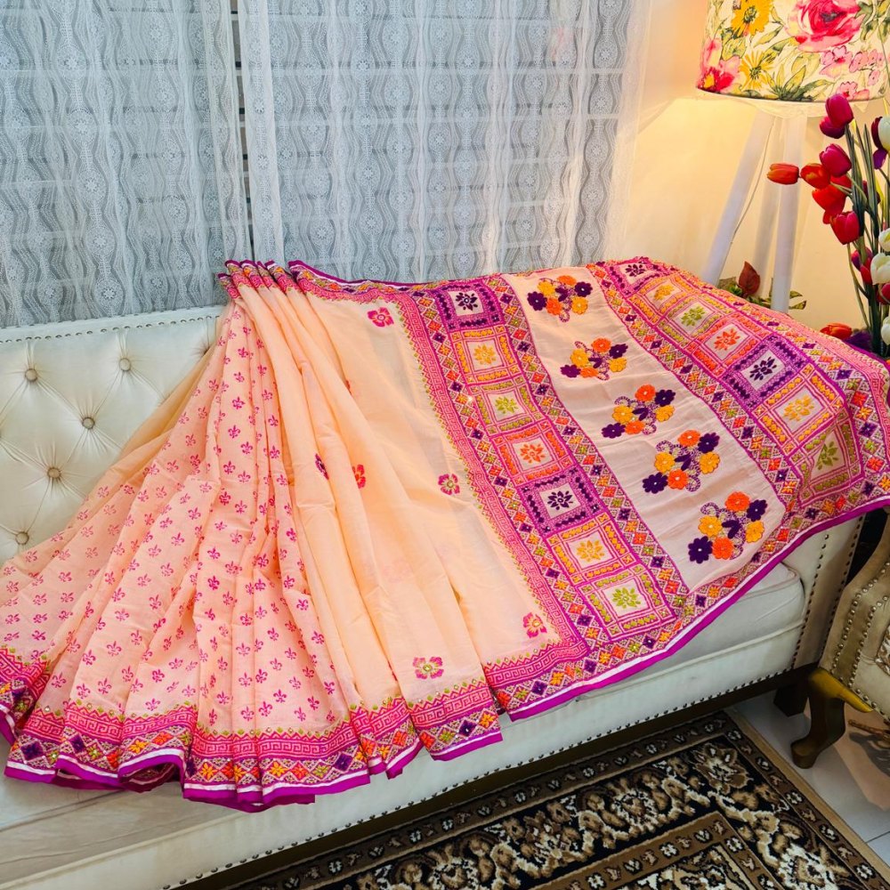 Rangta Hand Stitch Semi Muslin Saree (Peach)
