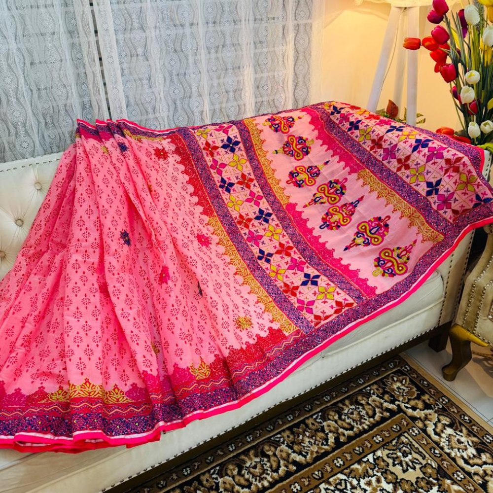 Rangta Hand Stitch Semi Muslin Saree (Pink Red)