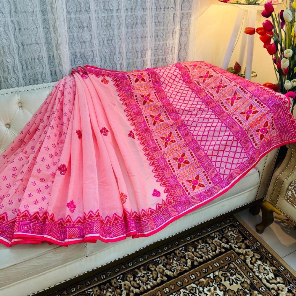 Rangta Hand Stitch Semi Muslin Saree (Rose Pink)