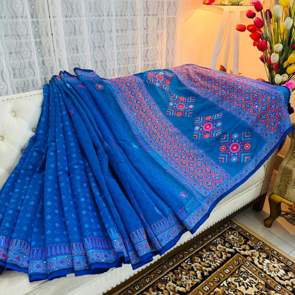 Rangta Hand Stitch Semi Muslin Saree (Royal Blue)